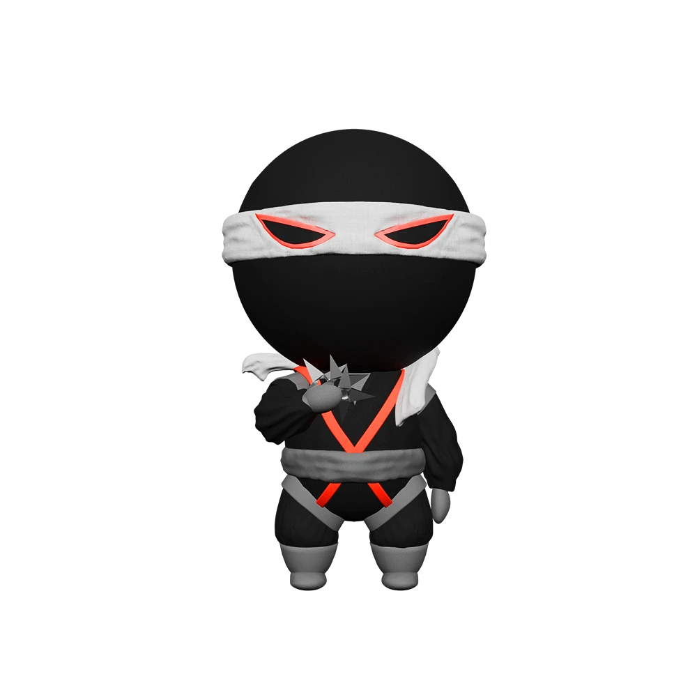 QA Ninjas mascot with scrolls surrounded by innovation and teamwork icons.